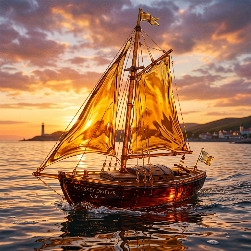 Model sailboat Whiskey Drifter 1836 with amber sails on water at sunset
